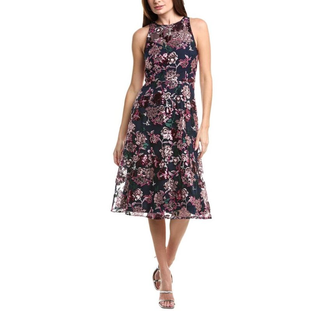 Adrianna Papell Womens  Embroidered Sequin Midi Dress, Black